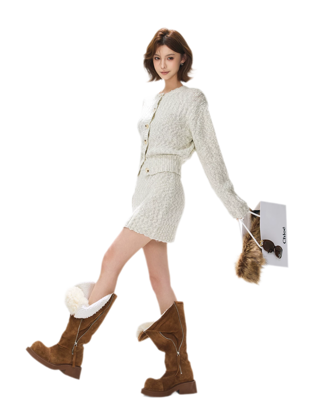 Fluffy Wool Knit Cardigan Set