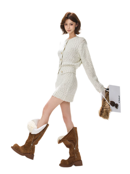 Fluffy Wool Knit Cardigan Set