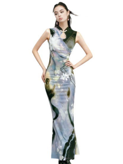 Black Rose Impressionist Print High-Waist Mermaid Dress