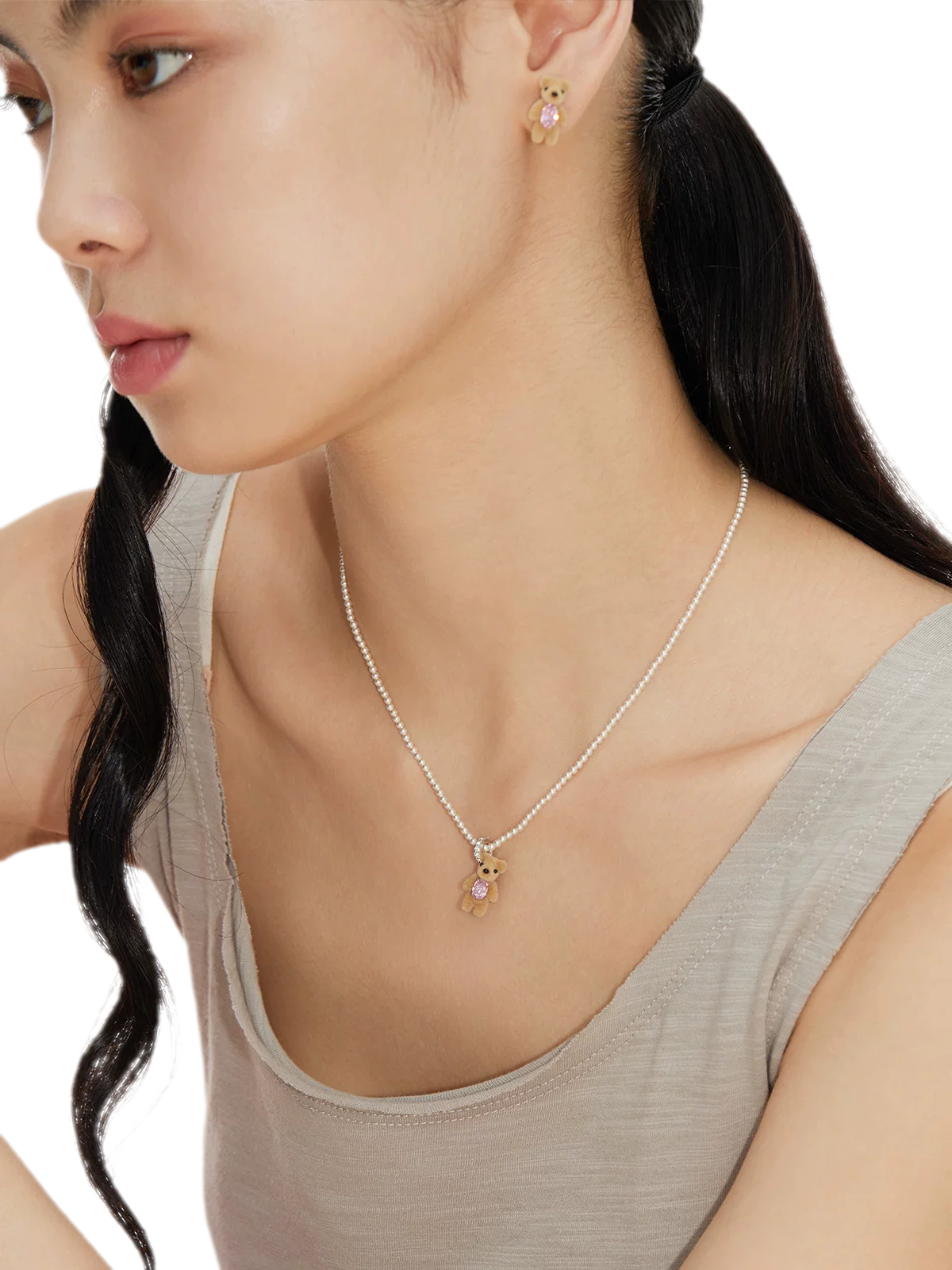 Flocked Teddy Bear Necklace
