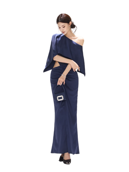 Night Banquet Muse Indigo Asymmetric Off-Shoulder Long Dress