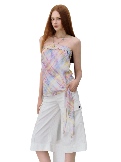 Iridescent Plaid Ruffle Bandeau