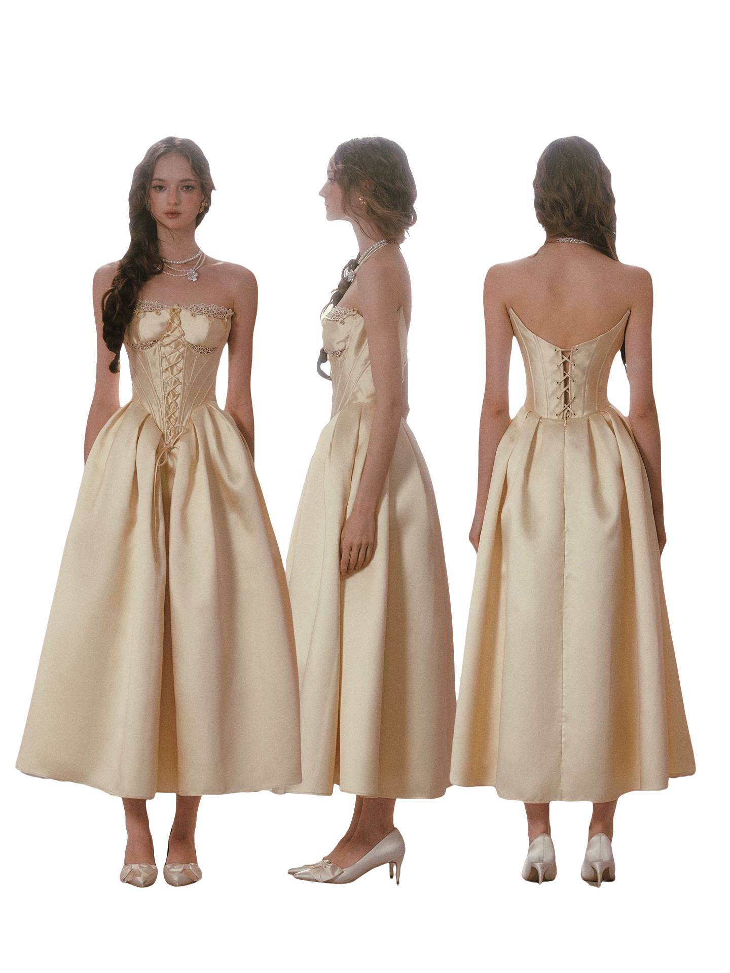 Belle Gold French Satin Lace Corset Dress