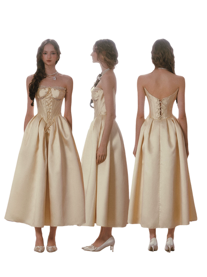 Belle Gold French Satin Lace Corset Dress