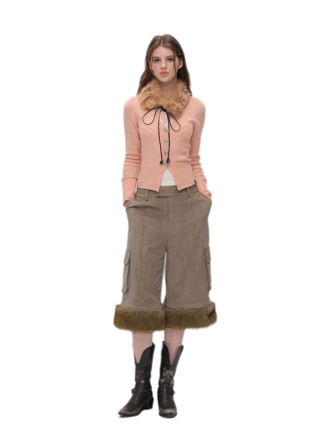 Brushed Cable-Knit Fitted Cardigan