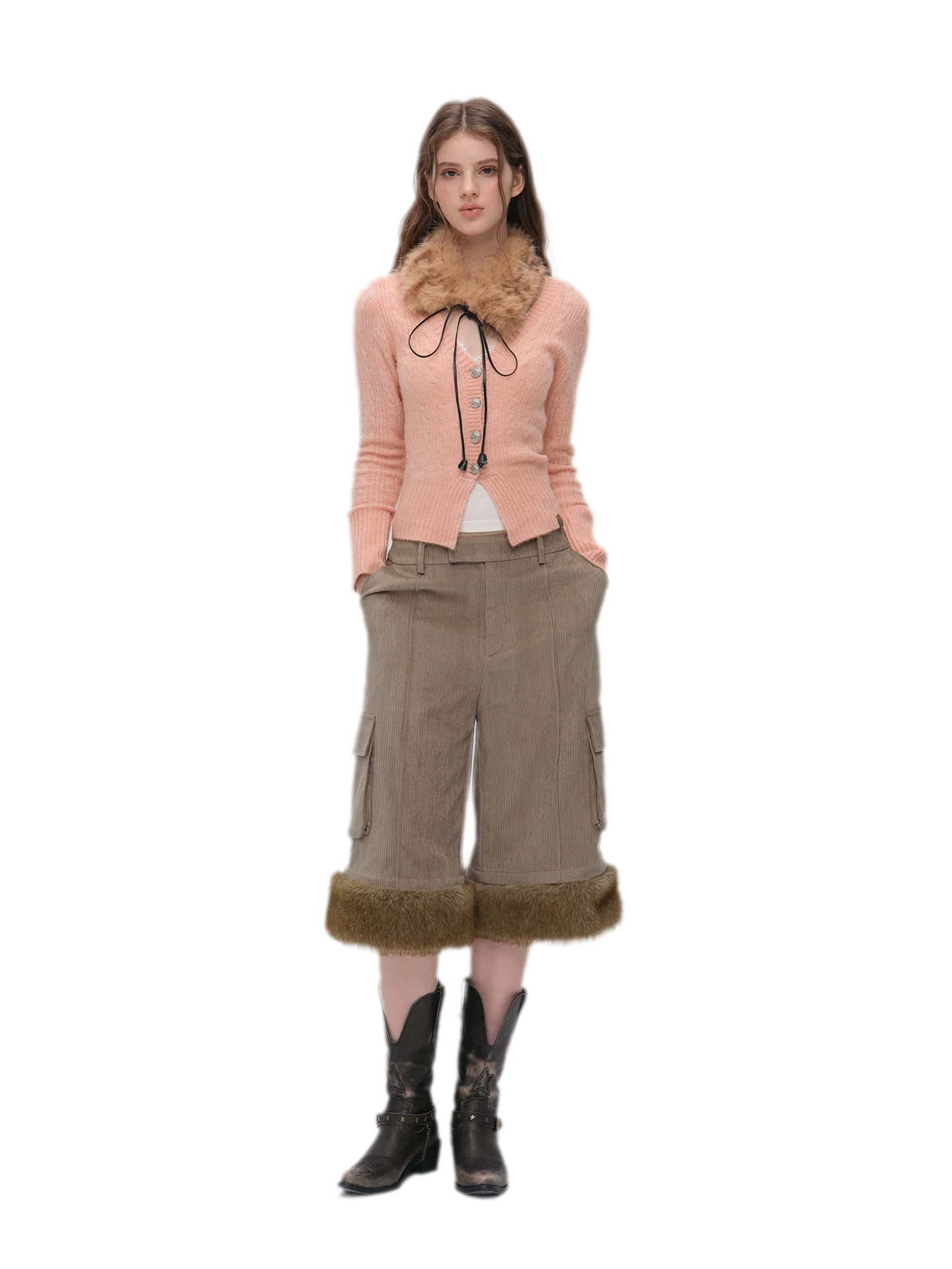 Brushed Cable-Knit Fitted Cardigan