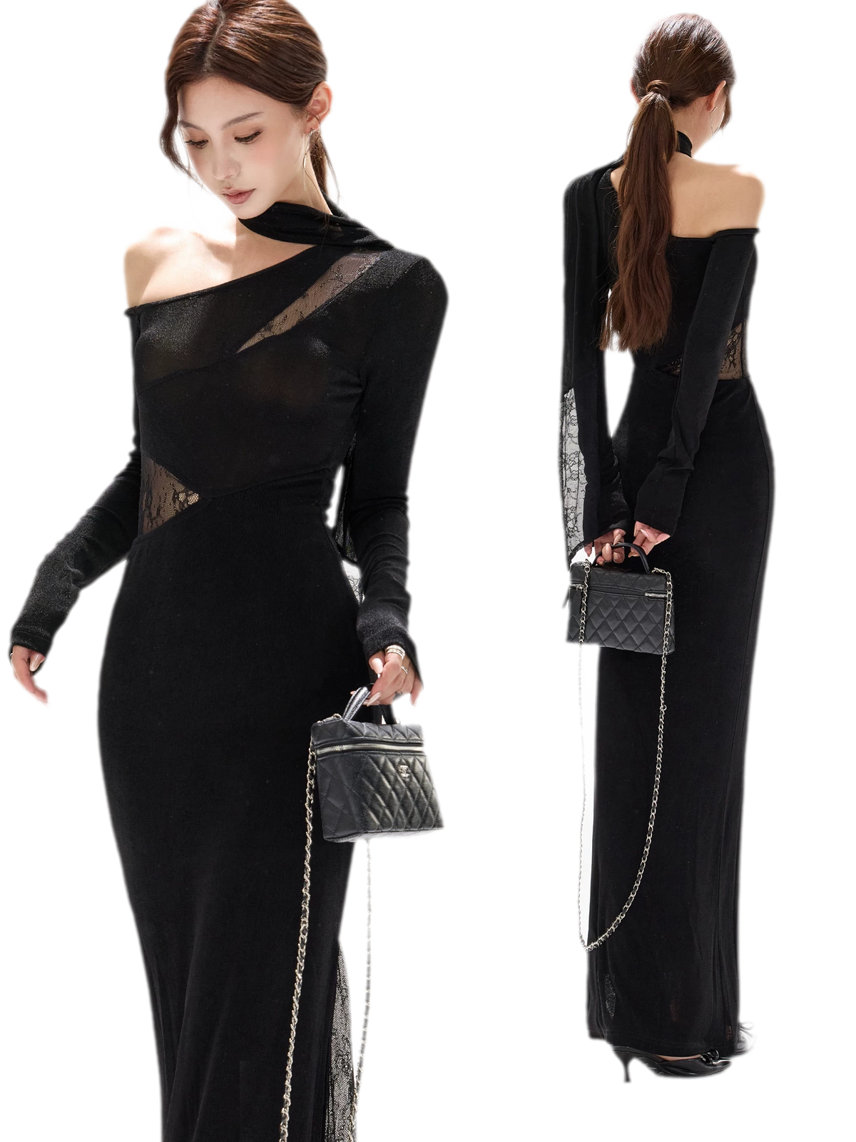 Schimmerndes asymmetrisches Spitzen-Strickkleid
