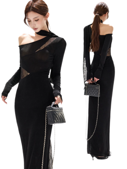 Schimmerndes asymmetrisches Spitzen-Strickkleid