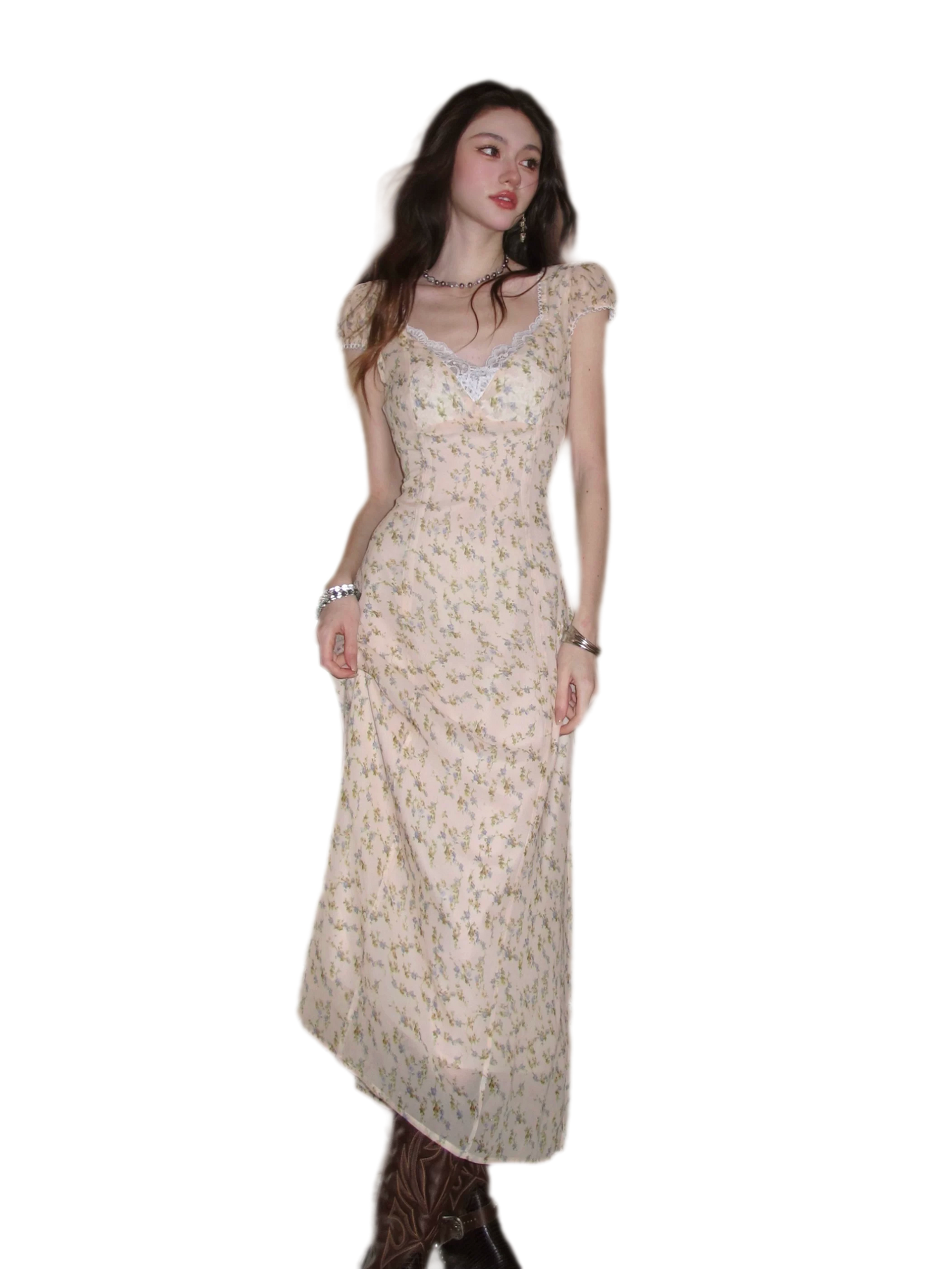 Lace V-Neck Long Dress