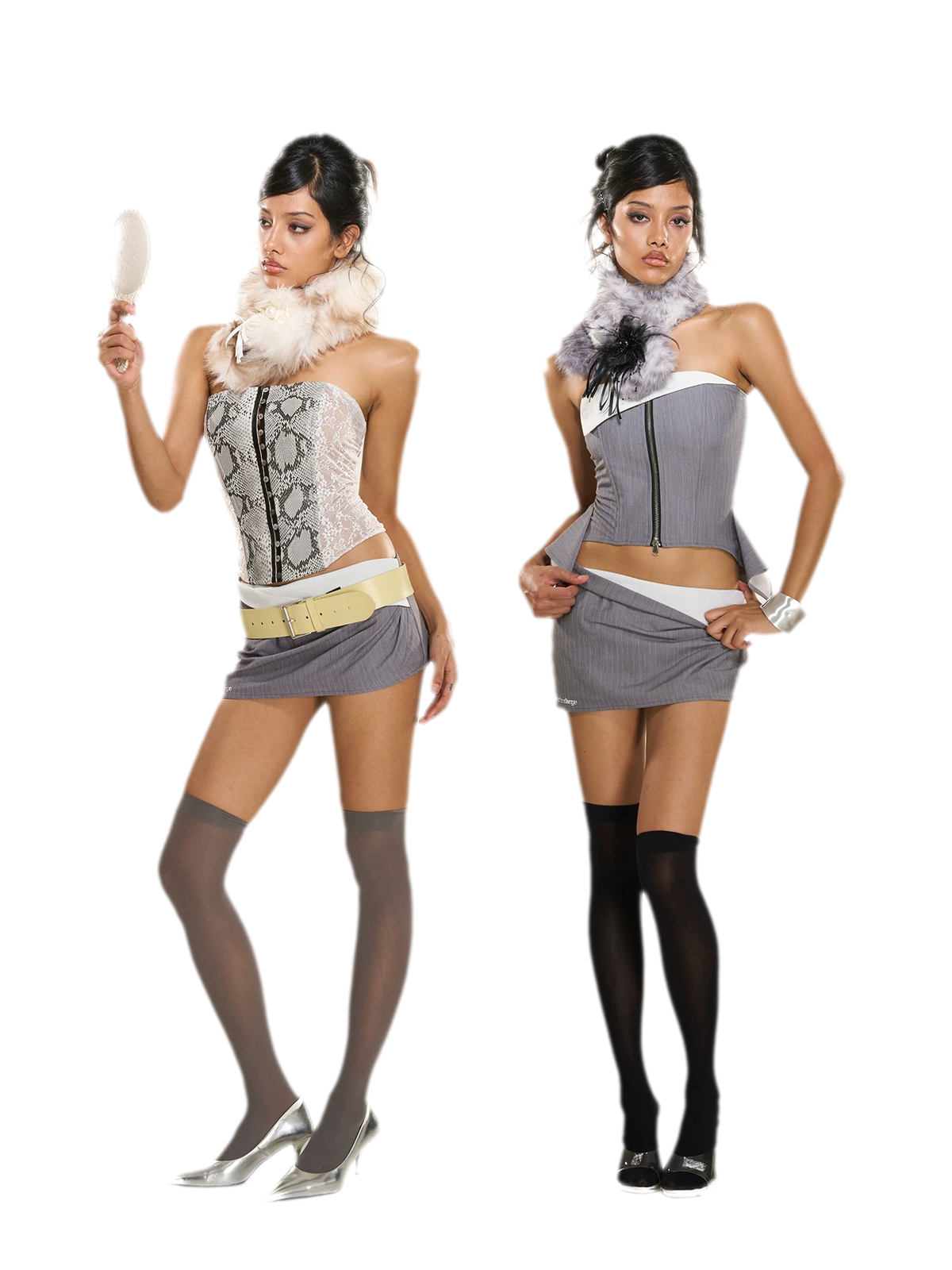 طقم تنورة وكورسيه مخطط بعظام السمكة