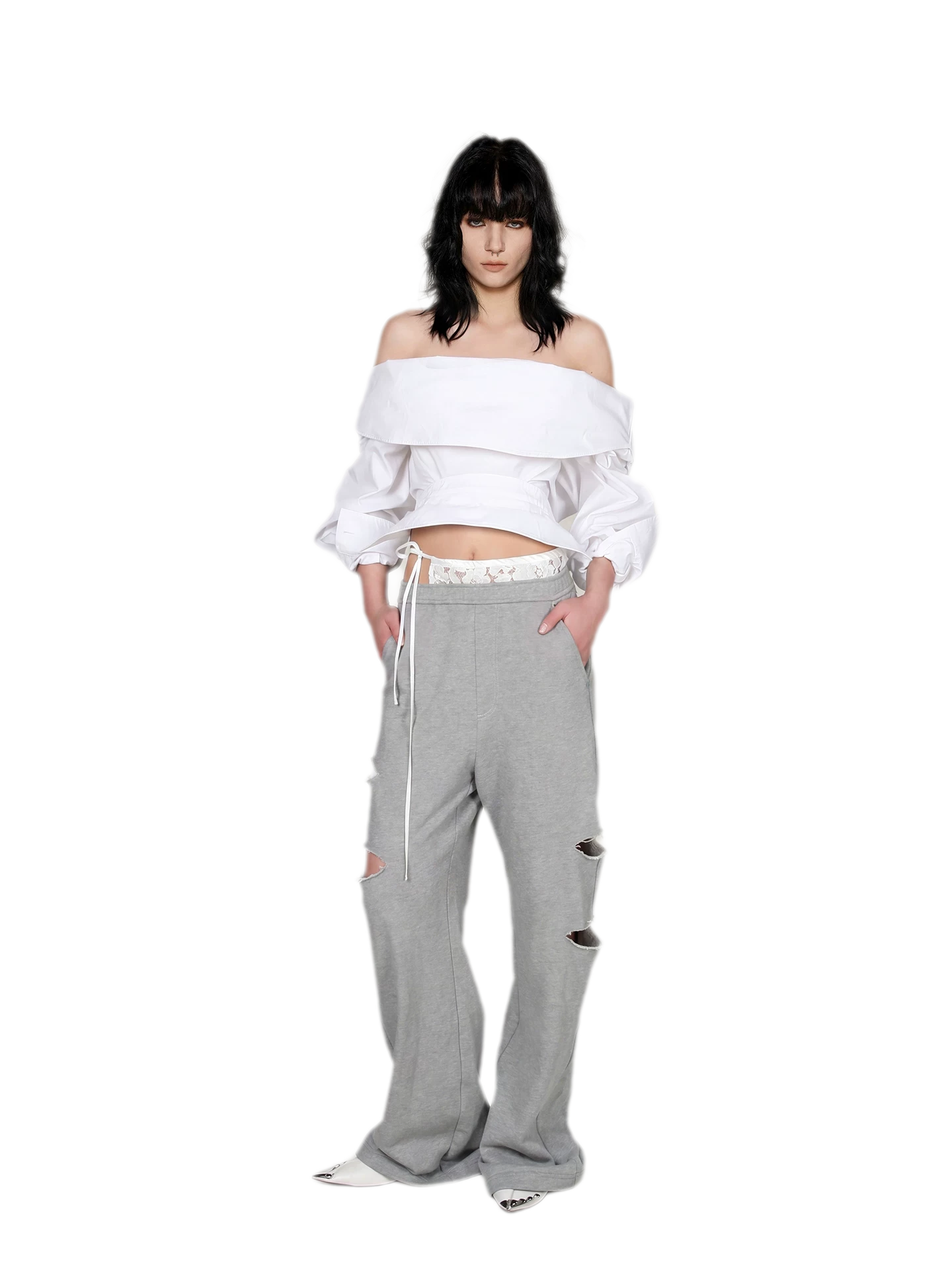 Lace Waist Distressed Pants