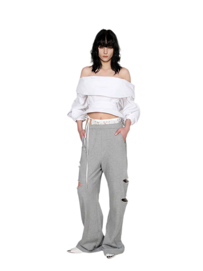 Lace Waist Distressed Pants