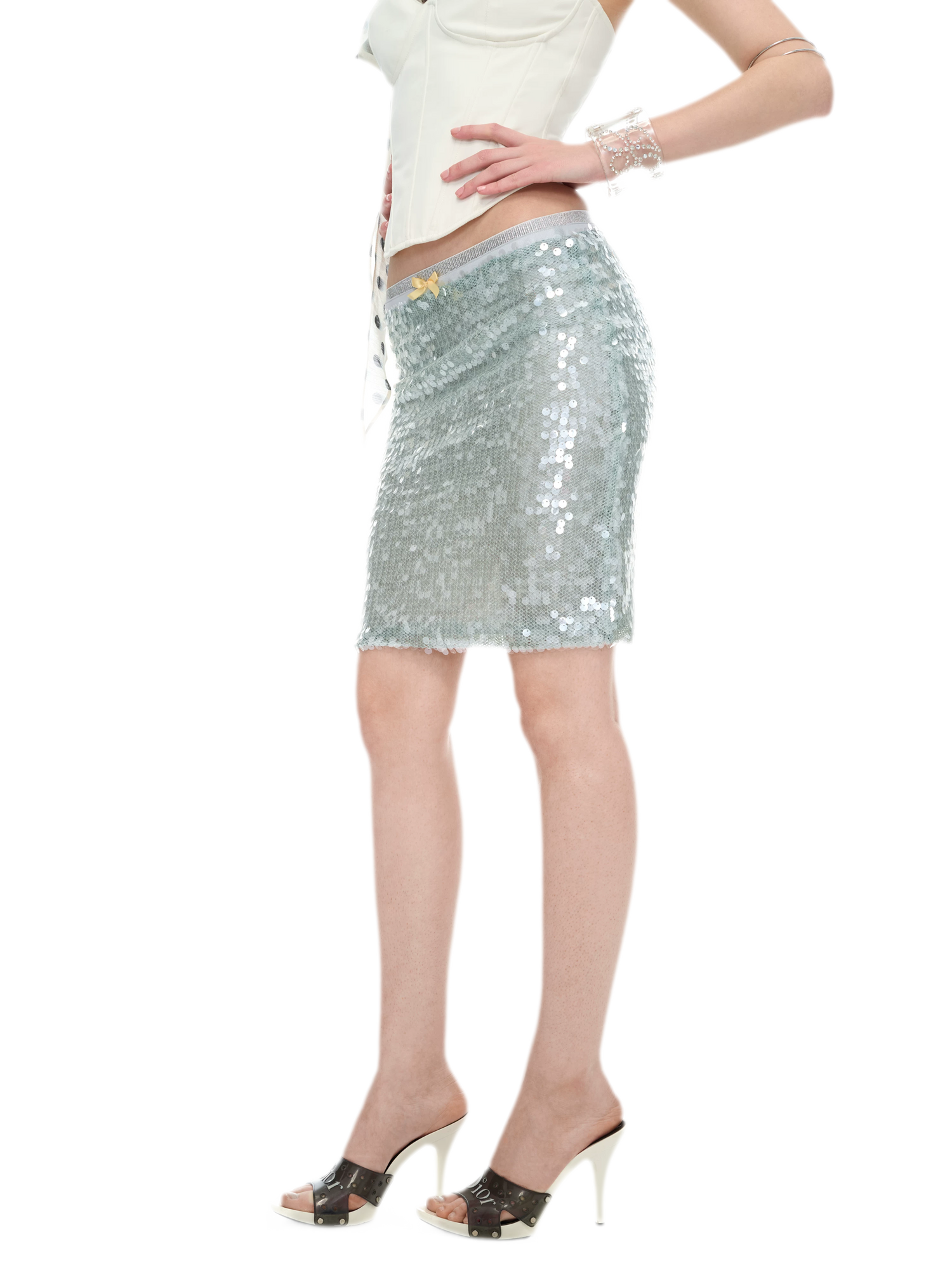 Sequin-Embellished Silver Waist Midi Skirt