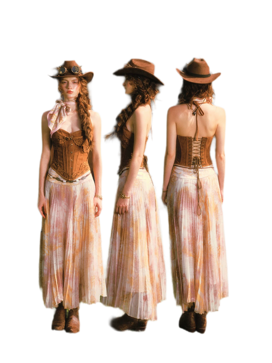 Suede-Look Corset Pleated Skirt Set