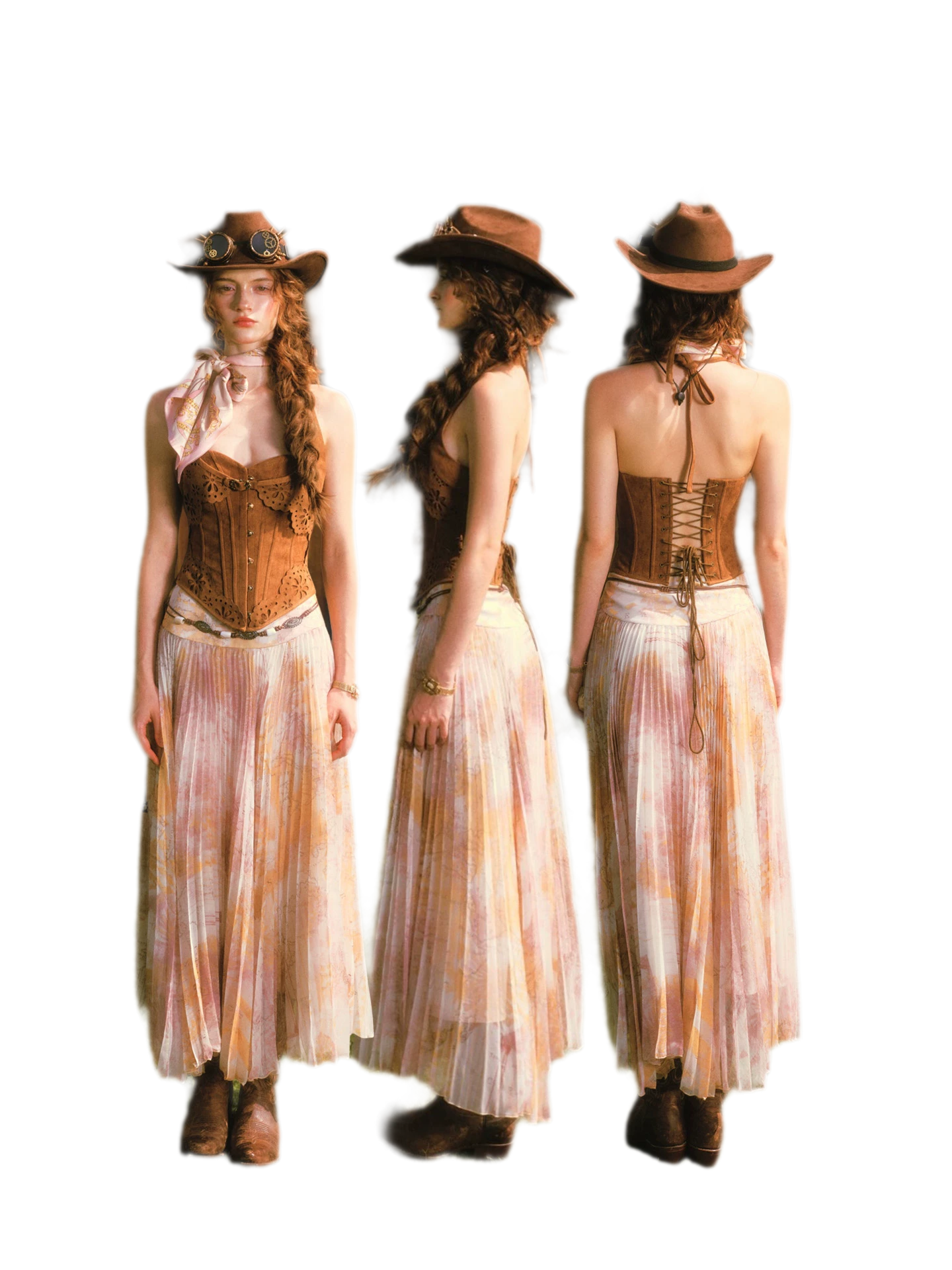 Suede-Look Corset Pleated Skirt Set