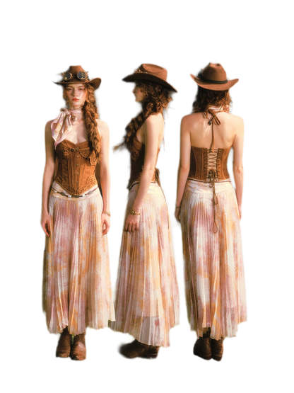 Suede-Look Corset Pleated Skirt Set