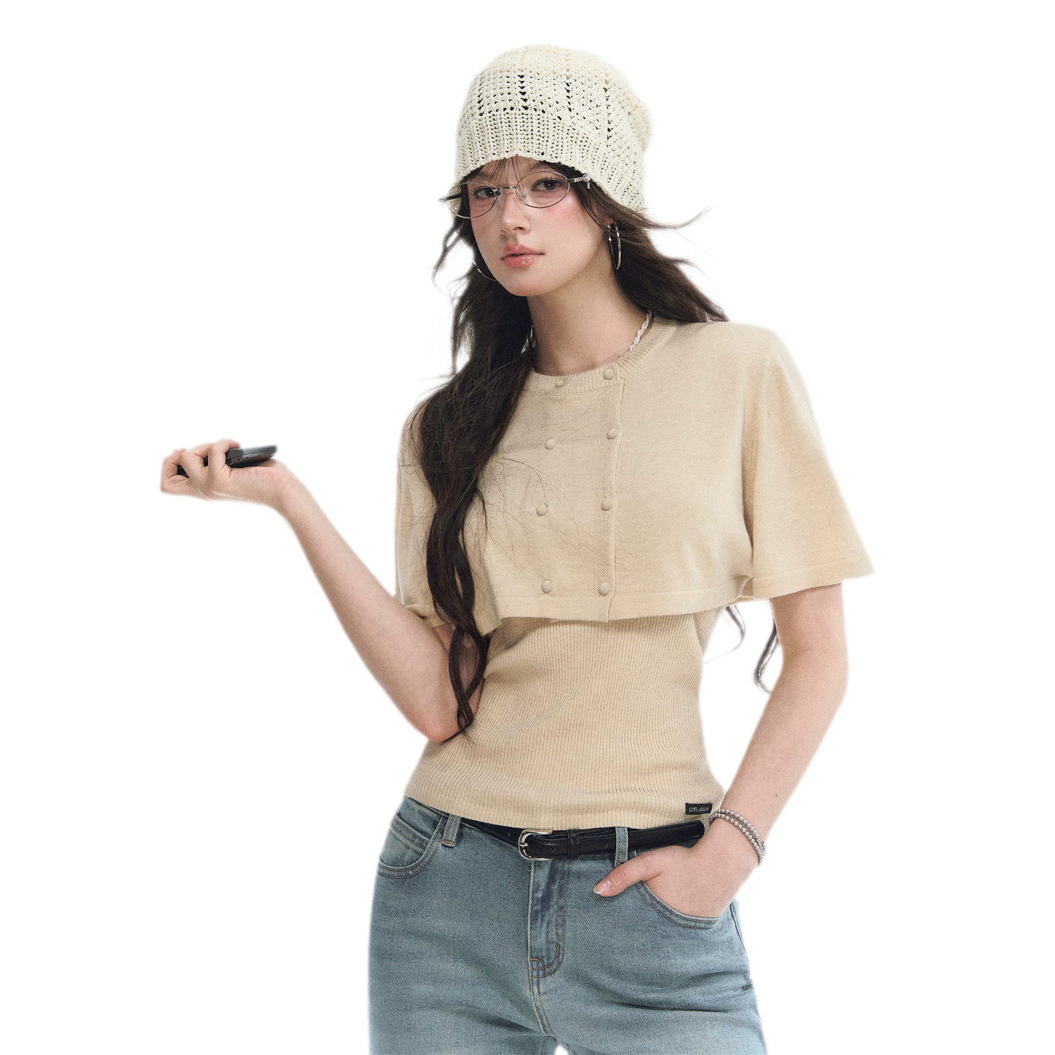 Double-Breasted Cropped Cape Cardigan
