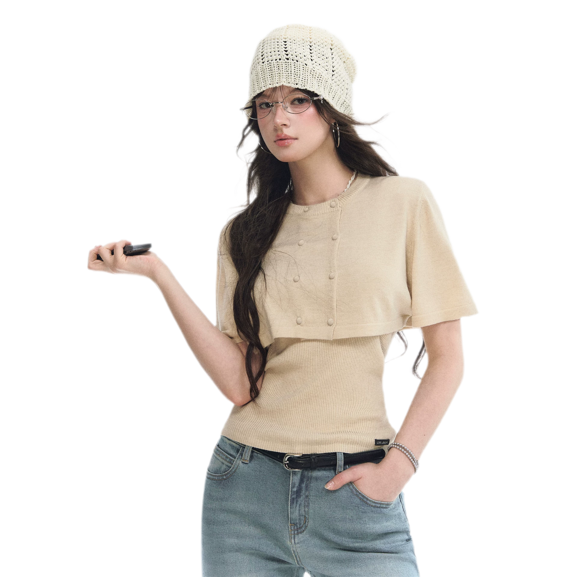 Double-Breasted Cropped Cape Cardigan