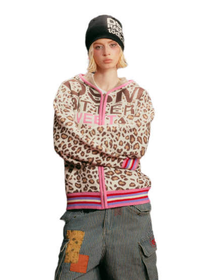 Leopard Jacquard Hooded Cardigan