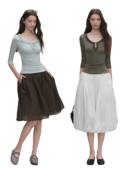 Ruffled Neck Stretch Tee