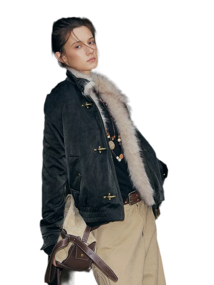 Pearlescent PU Fur-Lined Harrington Jacket