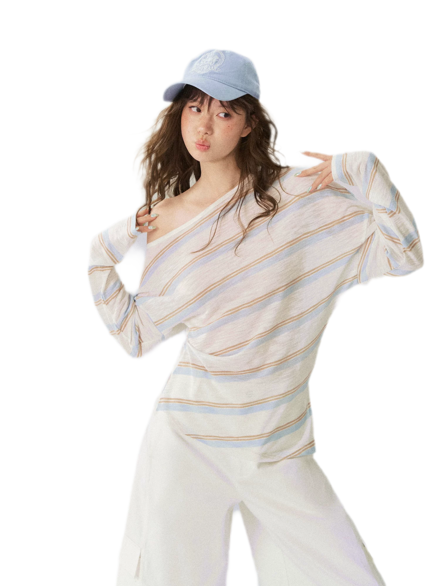 Sheer One-Shoulder Stripe Tee