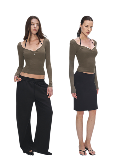 Ribbed V-Neck Button Top