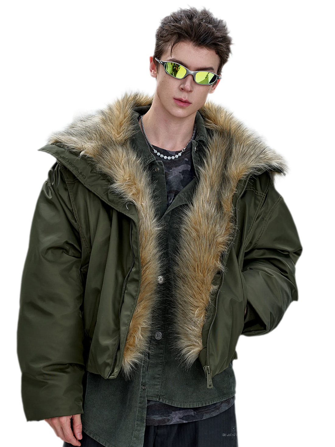 Twill Oversized Fur-Collar Jacket