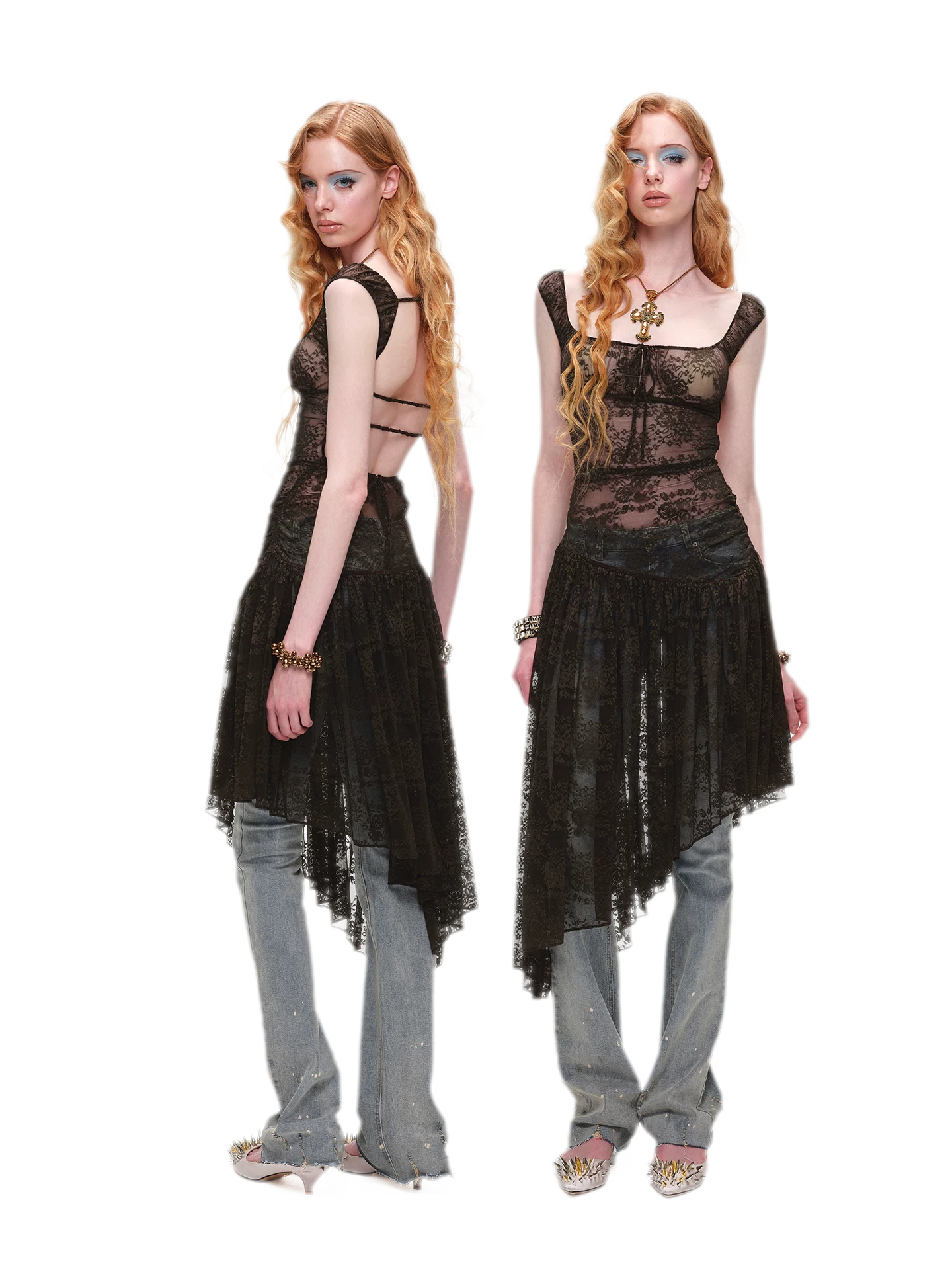 Lace Irregular Hem U-Neck Dress