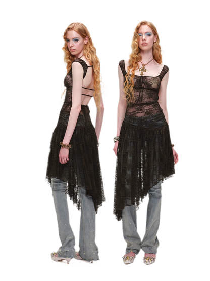 Lace Irregular Hem U-Neck Dress