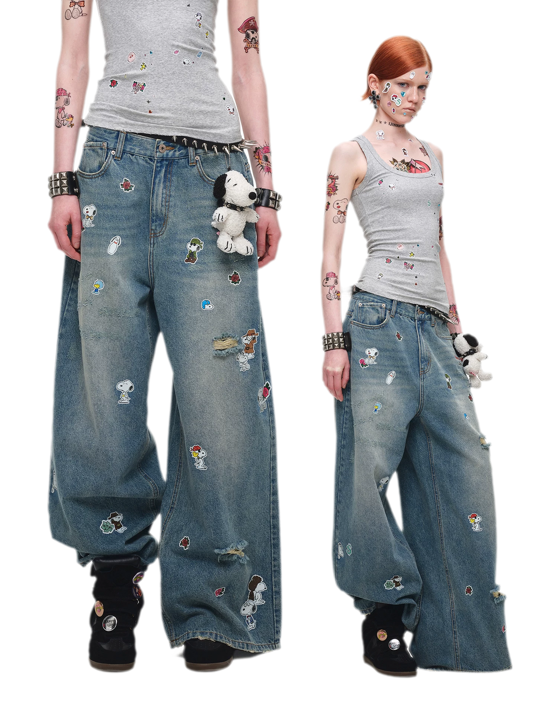 Washed Distressed Wide-Leg Jeans