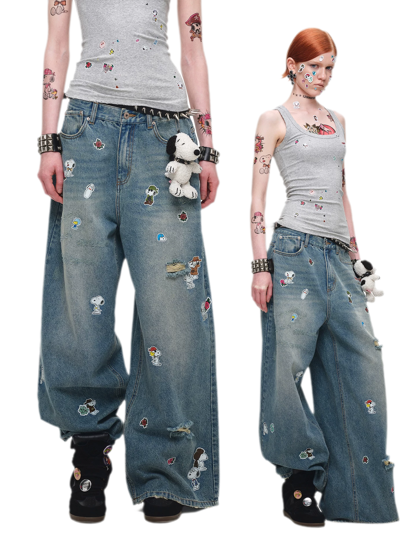 Washed Distressed Wide-Leg Jeans
