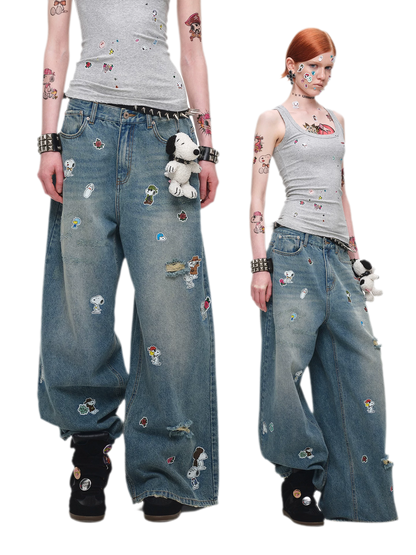 Washed Distressed Wide-Leg Jeans