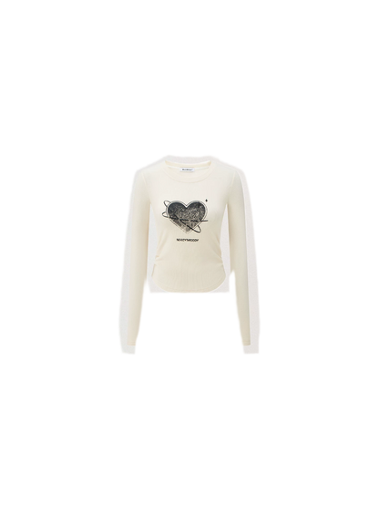 T-shirt ajusté à manches longues avec cœur en strass