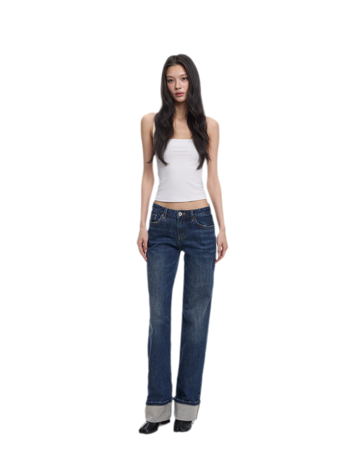 Jean droit à revers taille mi-basse