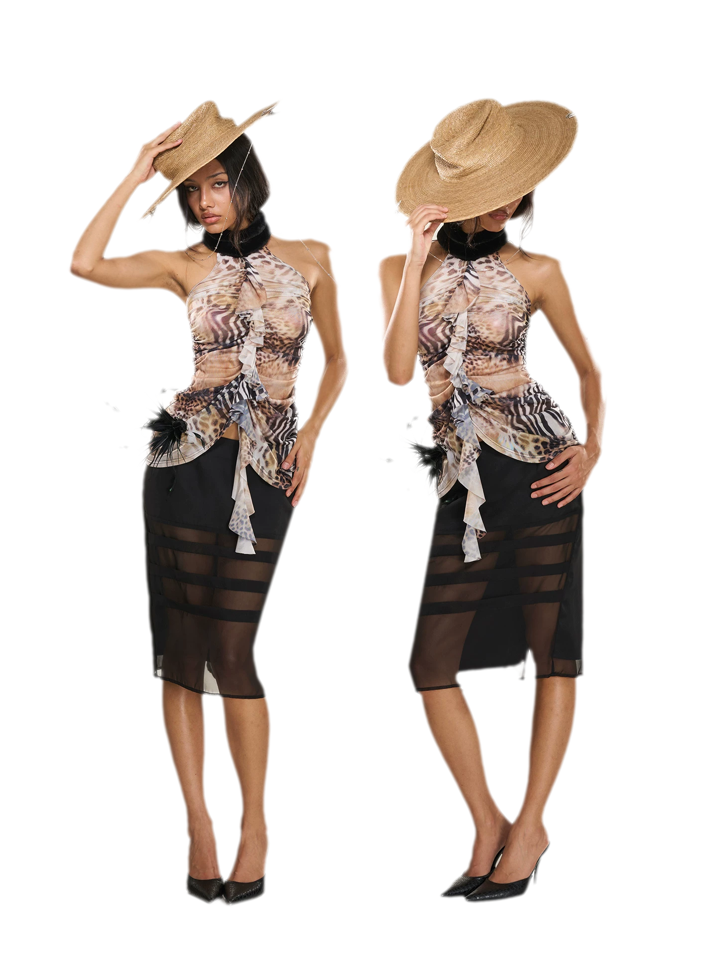 Gradient Leopard Halter Mesh Top