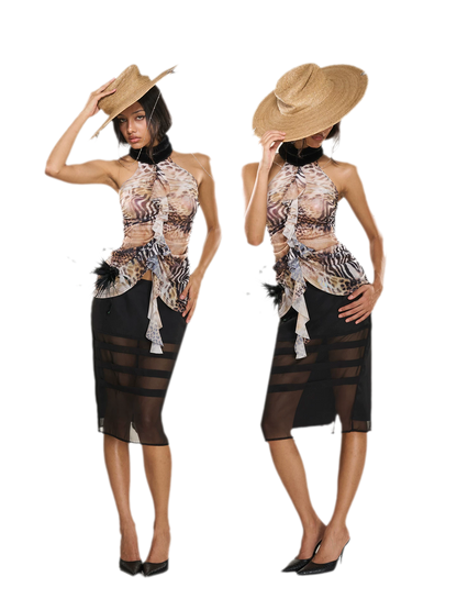 Gradient Leopard Halter Mesh Top