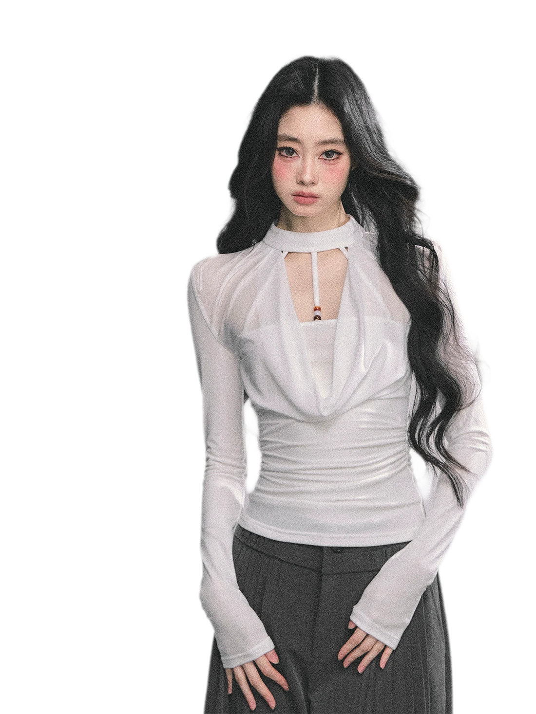 Glossy Ruched Long-Sleeve Top