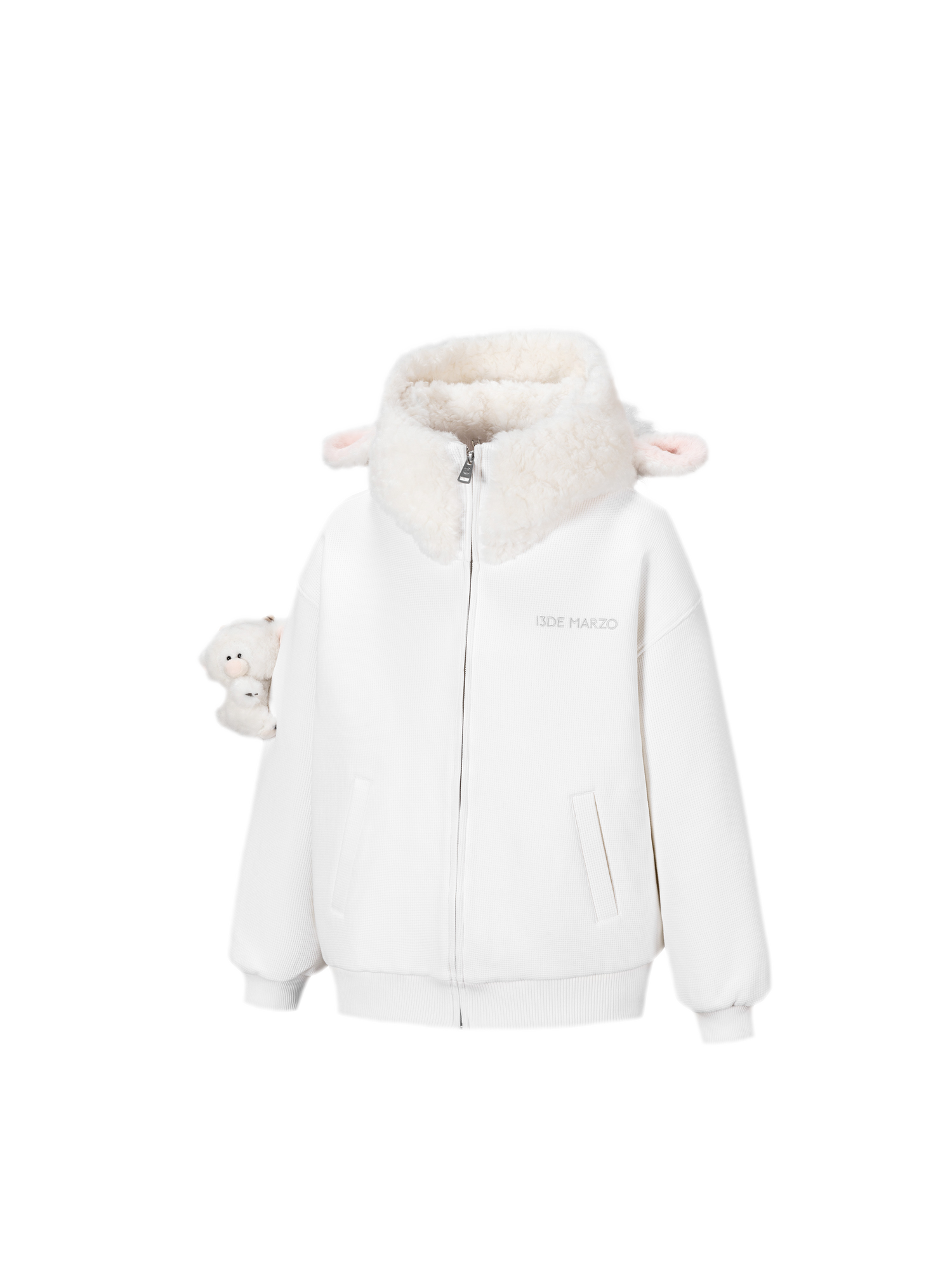 Textured Lamb Bear Zip Hoodie
