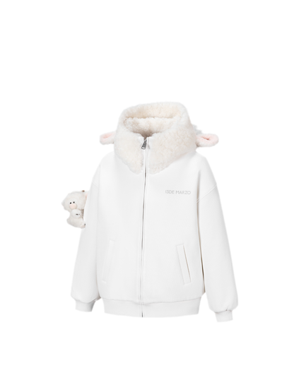 Textured Lamb Bear Zip Hoodie