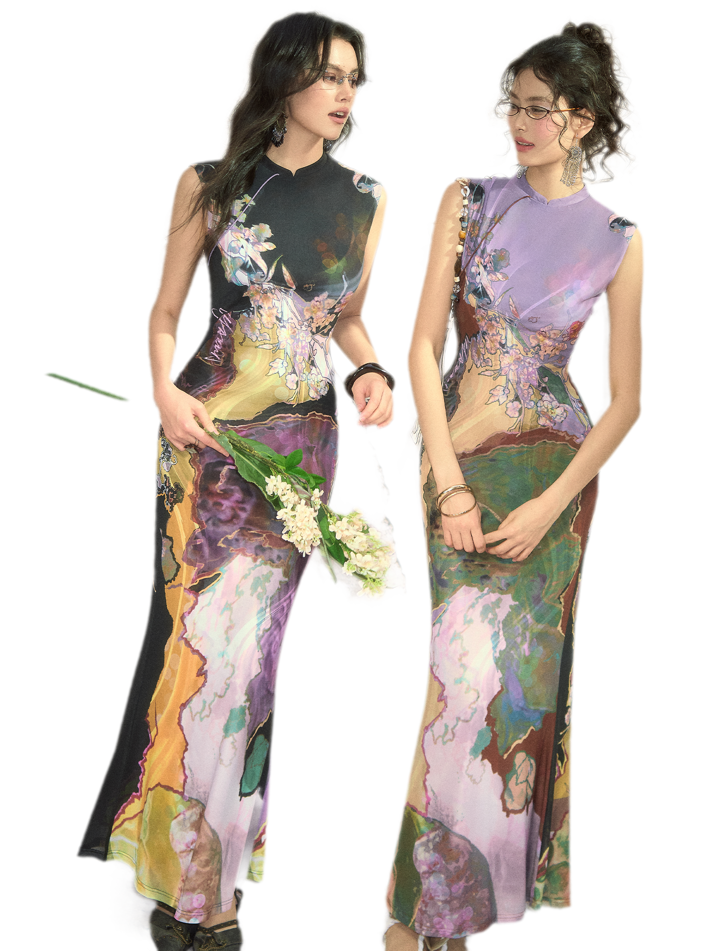 Tri-color Reversible Printed Qipao Dress