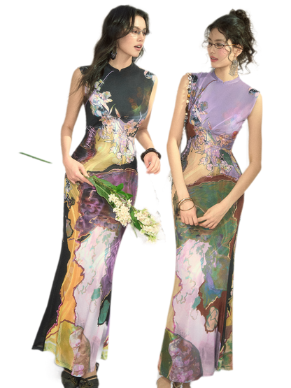 Tri-color Reversible Printed Qipao Dress