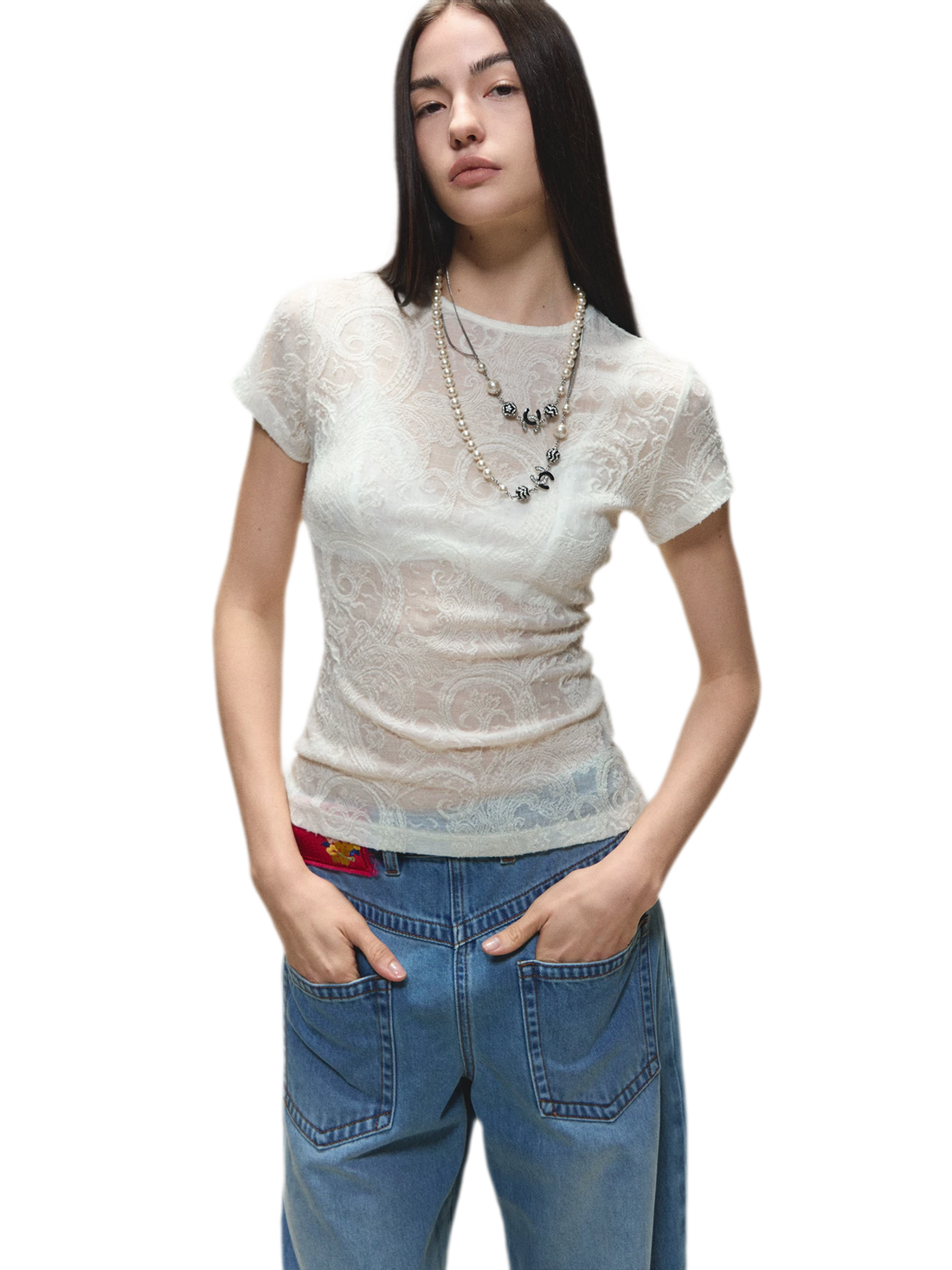 Sheer Wool Lace Paisley Short Sleeve T-shirt