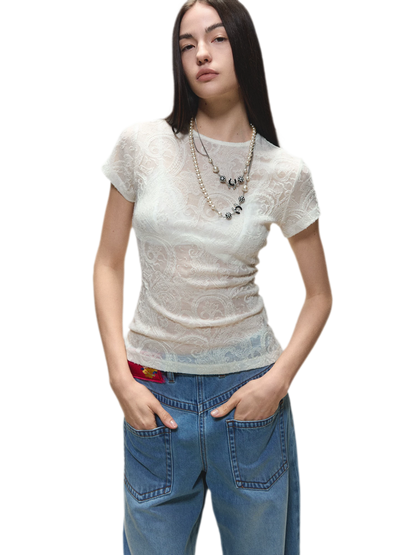 Sheer Wool Lace Paisley Short Sleeve T-shirt