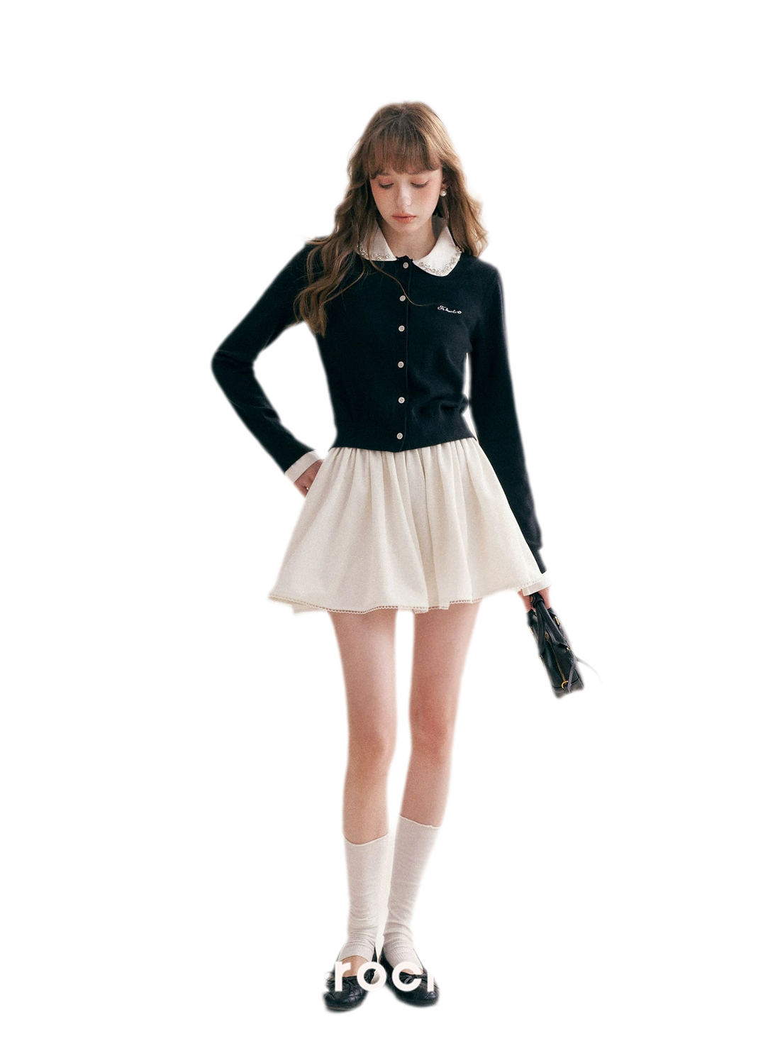 Handbestickte Strickjacke mit kontrastierendem Kragen
