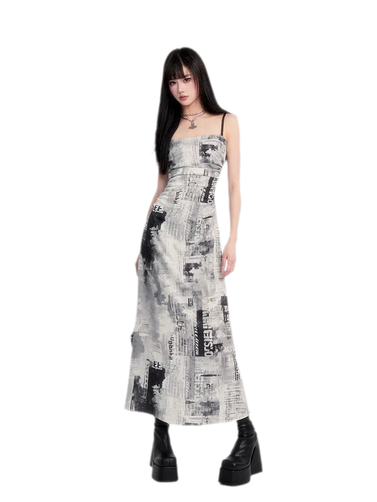 Newspaper Print Ruched Maxi Dress