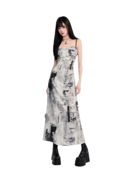 Newspaper Print Ruched Maxi Dress