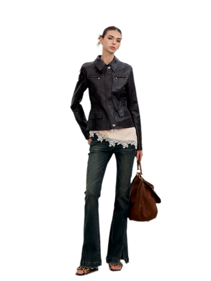 Distressed Cinched Waist PU Jacket