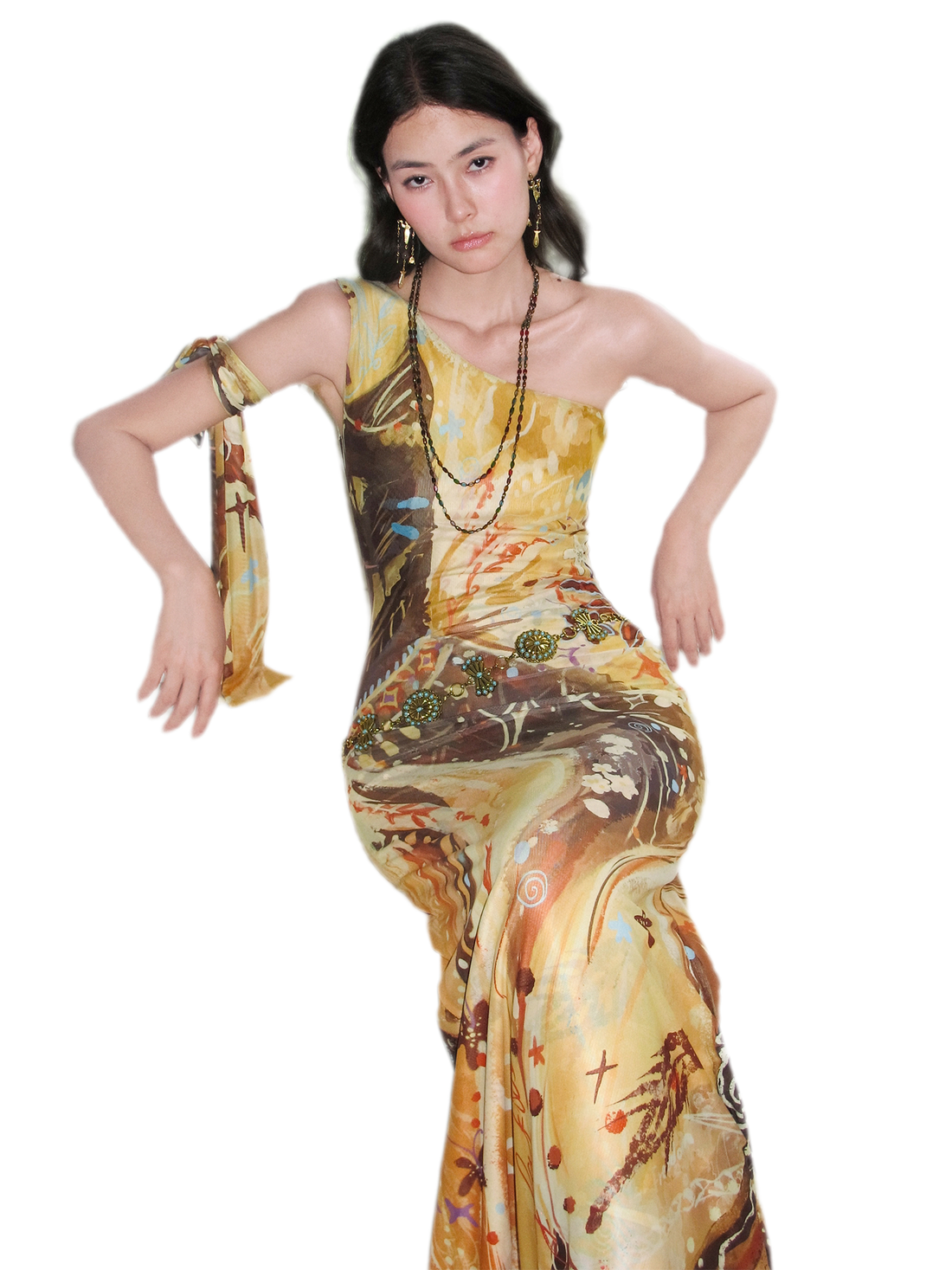 Printed One-Shoulder Fishtail Dress