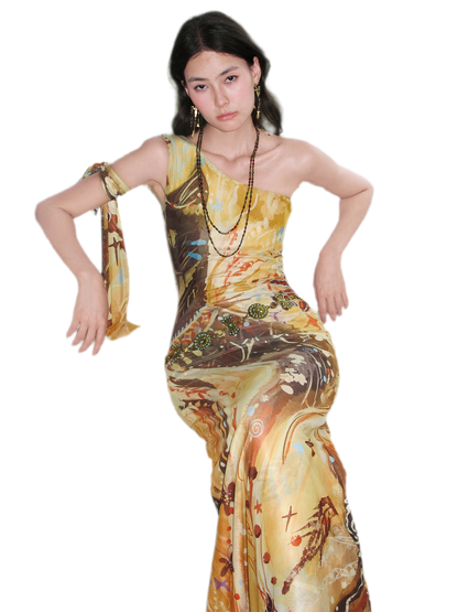 Printed One-Shoulder Fishtail Dress